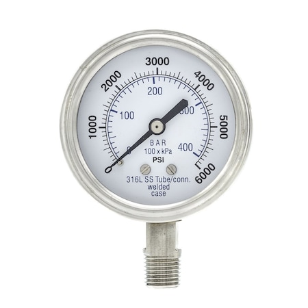 Pro 2 1/2 in Dial, 0/6000 PSI & Bar, 1/4 in NPT, Lower Mount Dry/Fillable Pressure Gauge PRO-301D-254S-01